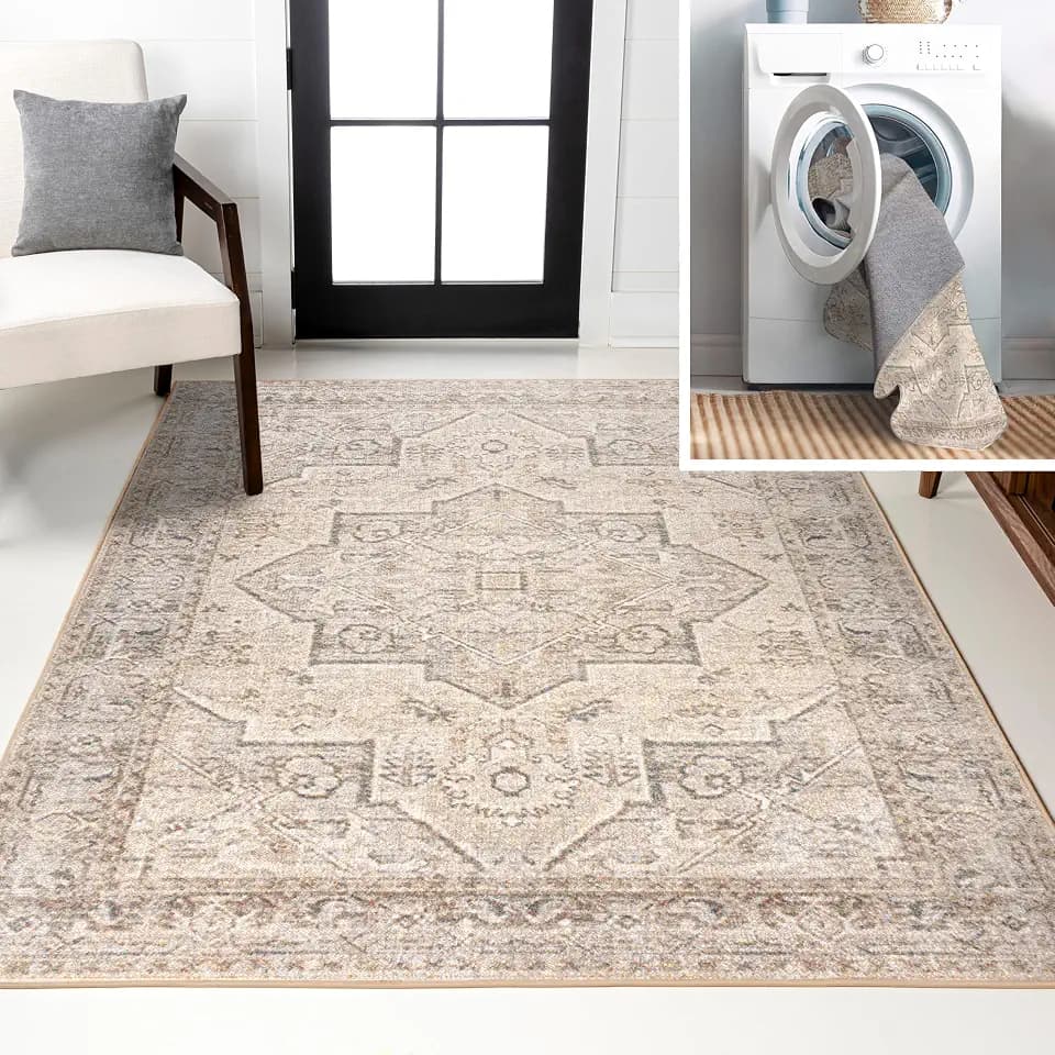 JONATHAN Y Machine Washable Cream/Brown Indoor Area Rug 5X8 ft, Koda Vintage Native American Medallion for Living Room, Bedroom, Kitchen, Office, Easy-Cleaning, Pet-Friendly, Non-Shedding WSH318A-5
