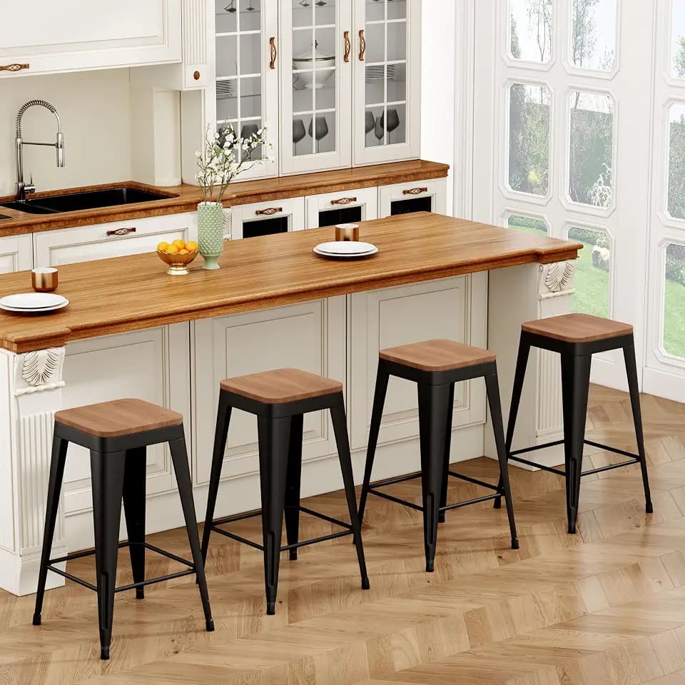 24" Metal Bar Stools Set of 4 Black Counter Height Stools with Wood Seat Stackable Backless Industrial Style Stools for Kitchen Island Dining Room Home Bar