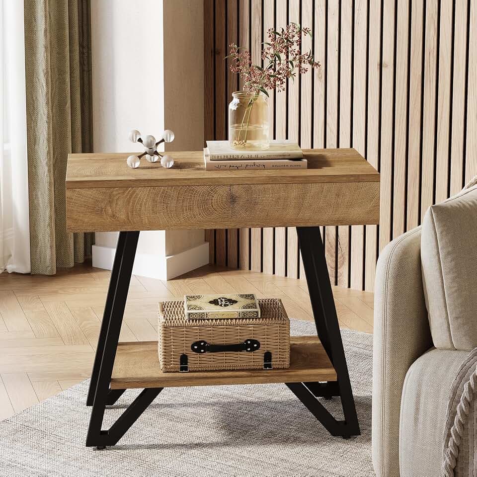 Tribesigns Metal End Side Table for Living Room, 2-Tier Narrow Couch Side Table with Storage Shelves, Small Bedside Nightstand for Bedroom, Small Spaces, Natural