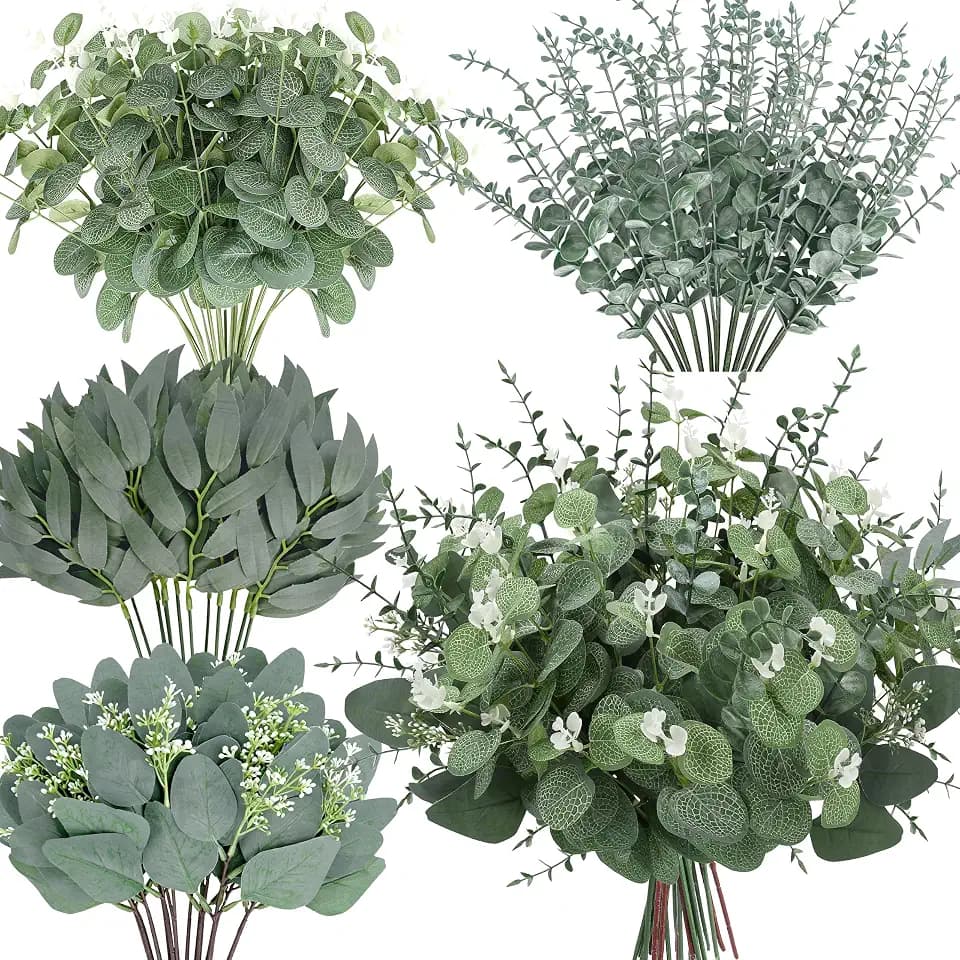 Palonu 150 Pcs 4 Kinds Mixed Artificial Eucalyptus Leaves Stems Bulk Fake Silver Dollar Eucalyptus Bundle Faux Plants Greenery for DIY Bouquets Floral Arrangement Wedding Engagement Party Decor