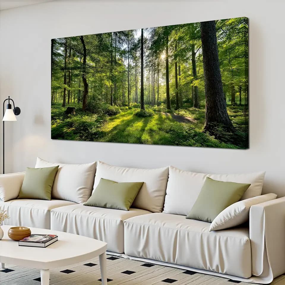 Tarfupth Large Forest Wall Art for Living Room Green Woodland Landscape with Sunlight Modern Nature Wall Decor for Bedroom Office Home Decor 24"x48"