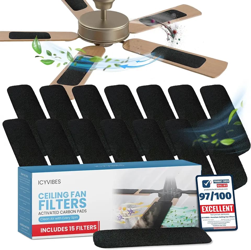 Premium Ceiling Fan Filters for Blades -15 PCS Activated Carbon Air Purifier Pads Unscented Washable Reusable Easy-Stick Coconut Shell Odorless Charcoal Dust Catcher Covers for Home Lighting Extractor