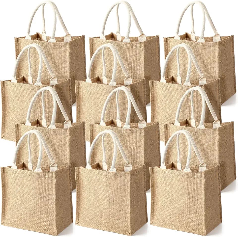 Saintrygo 12 Pcs Burlap Tote Bags with Handle Reusable, Jute and White