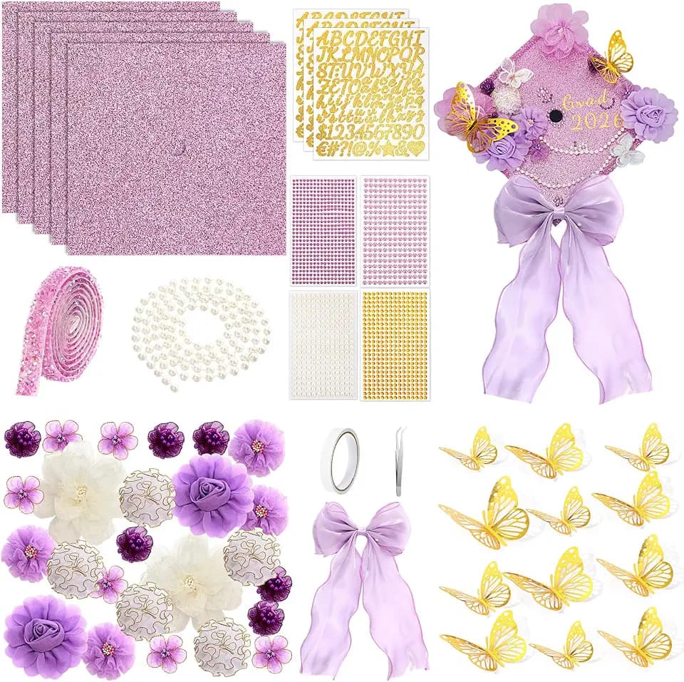 Wavwavw 58 Pcs DIY Graduation Cap Decorations Kit Grad Cap Decor, Purple