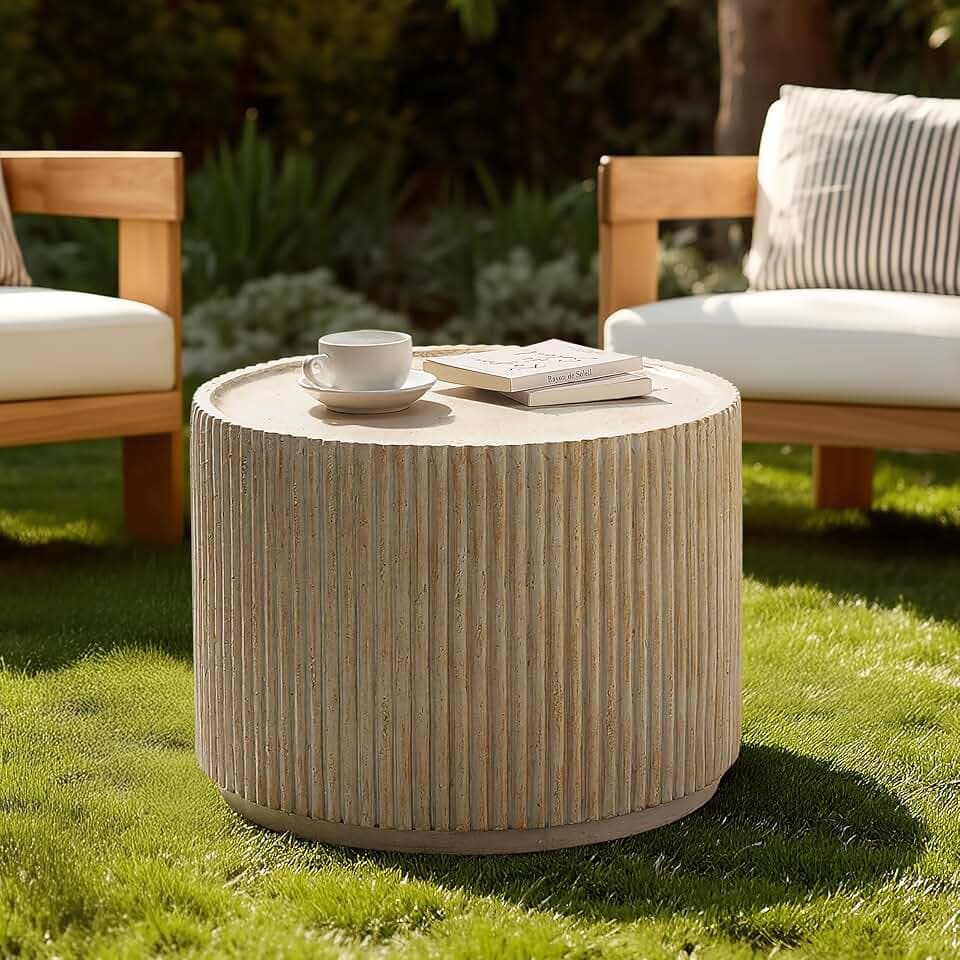 Christopher Knight Home Yunara 17" H Lightweight Concrete End Table with Stunning Fluted Design, Indoor Outdoor Accent Side Table, Travertine Effect Round Coffee Table, No Assembly, Natural
