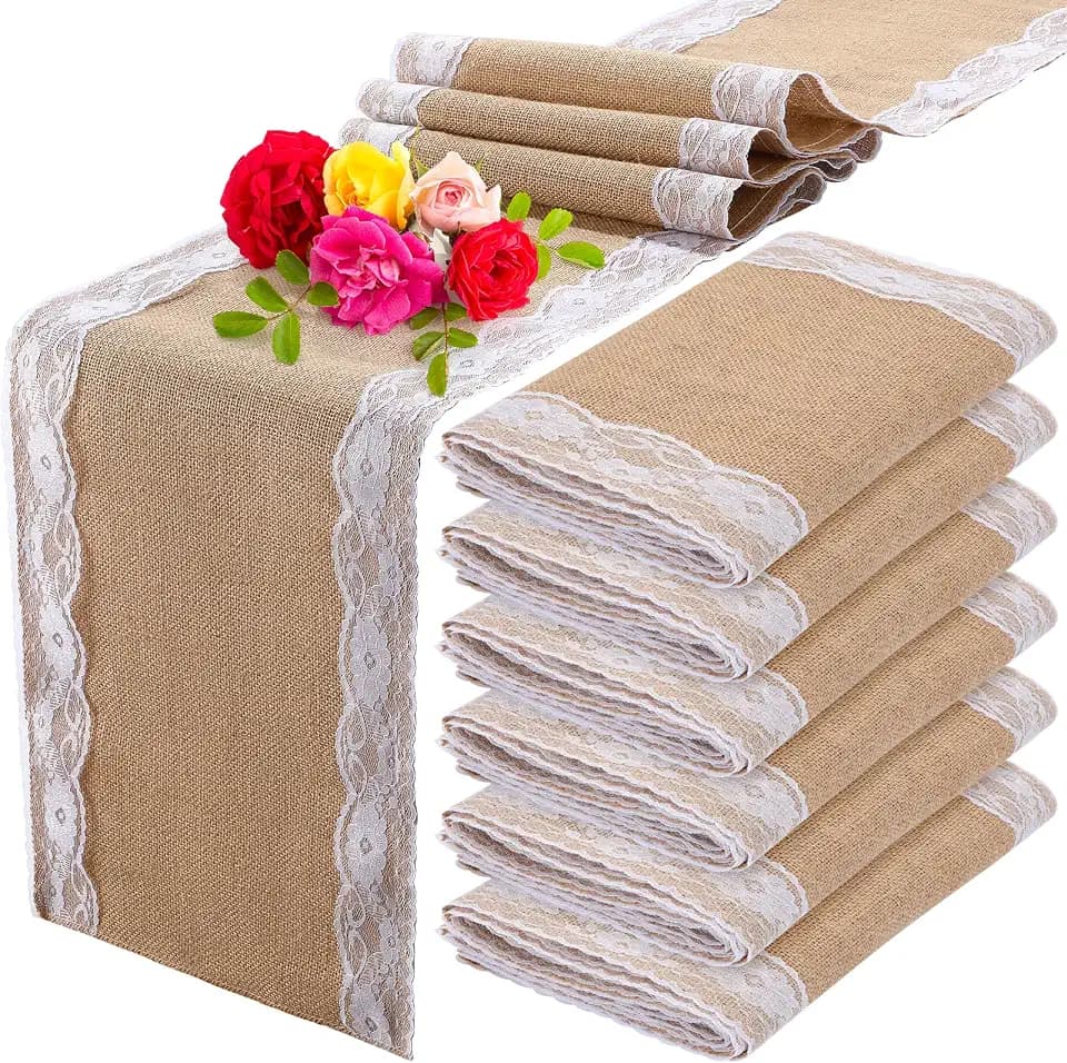 Tatuo 6 Pcs Burlap Table Runners with Lace 12 X 72 Rustic Jute,Lovely