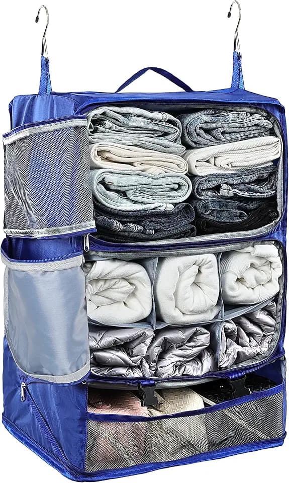 ELEZAY Hanging Packing Cubes Portable Closet 3-Shelf Travel Collapsible Compression Garment Organizer for Carry-on Luggage Suitcase Space Saver Bag XX-Large_16*12 * 24 in, Blue