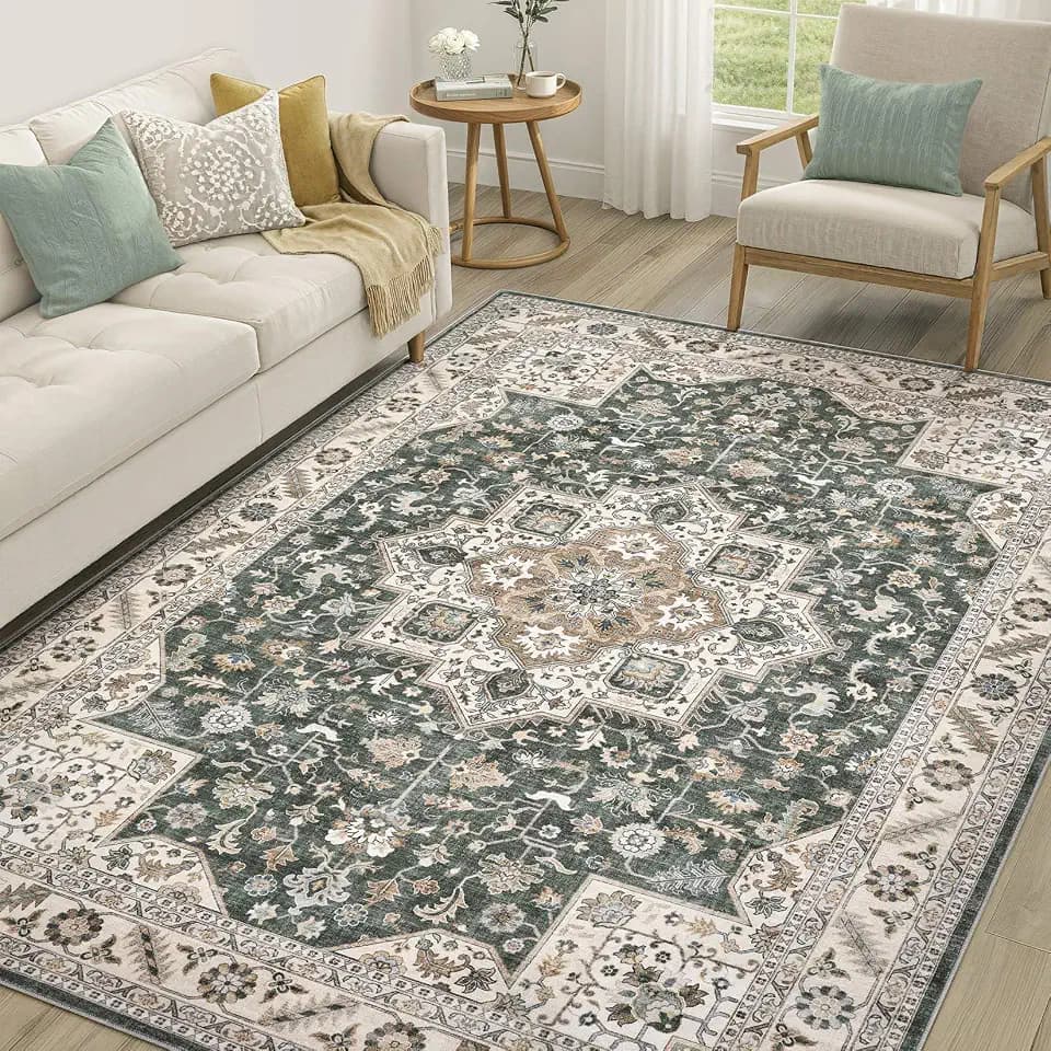 cotiled 6x9 Area Rug for Living Room, Washable, Traditional, Vintage Green