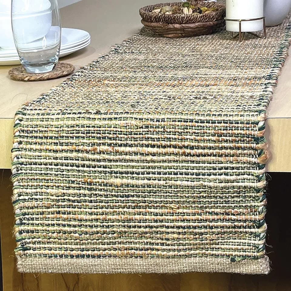 Chardin Home Natural Jute Table Runner 13x72 Inch – Vintage Boho Rustic Table Decor – Handwoven Table Runner in Natural Jute and Green – Farmhouse Dining or Console Table Accent