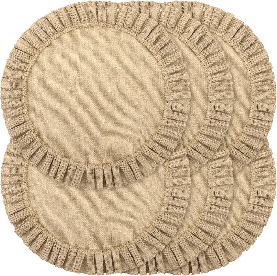 Aneco 6 Pack Round Burlap Placemats with Ruffle Edge