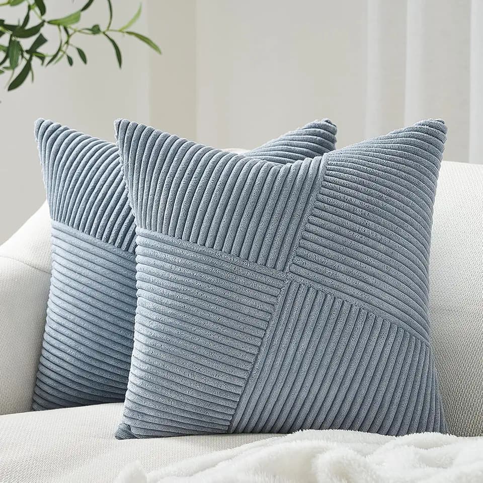Topfinel 22x22 inches Dustyblue Euro Pillow Shams Set of 2 Corduroy Decorative Throw Pillow Covers for Bedroom Living Room, Windmill Textured Striped Patchwork Couch Pillow Covers 55x55 cm