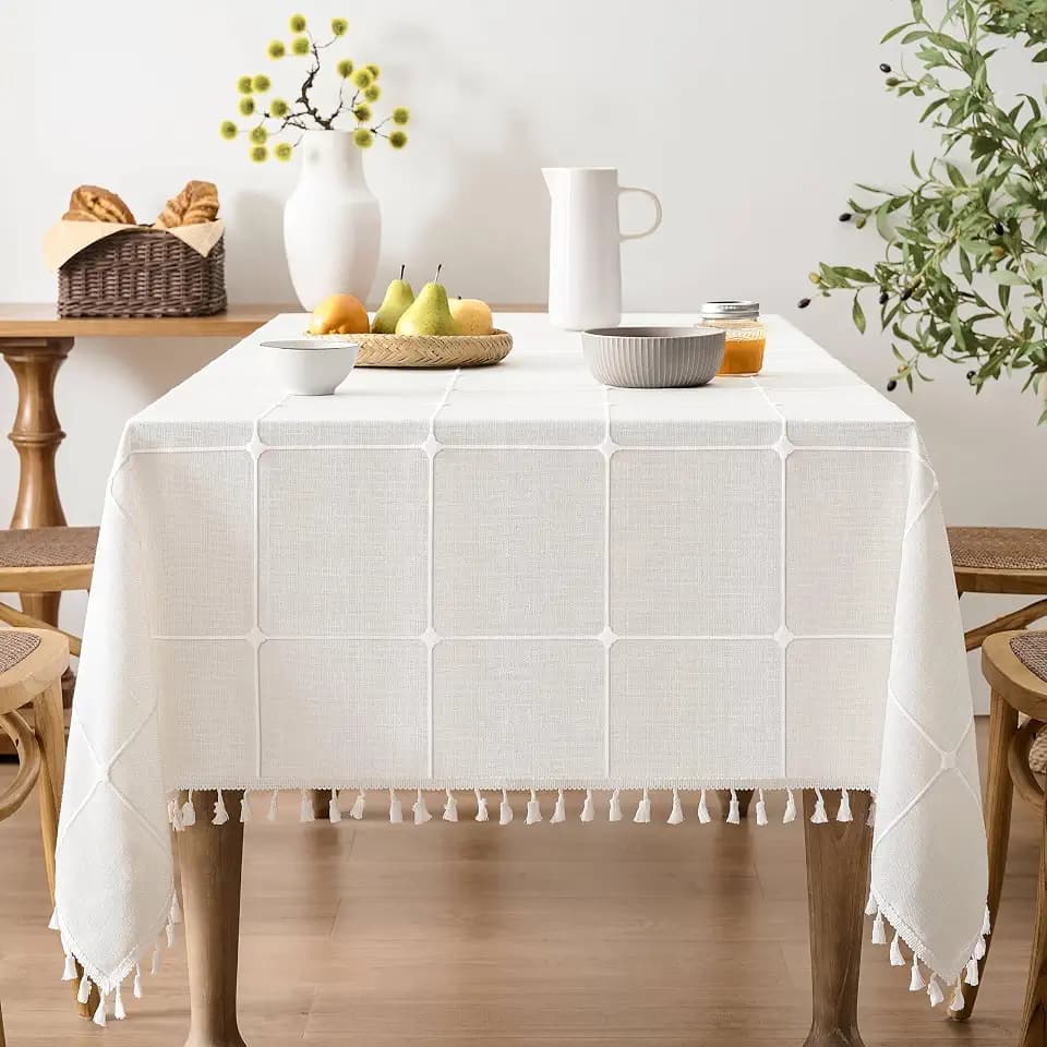 ZeeMart Boho Rectangle Grid Tablecloth with Tassels, Off White 60x104in