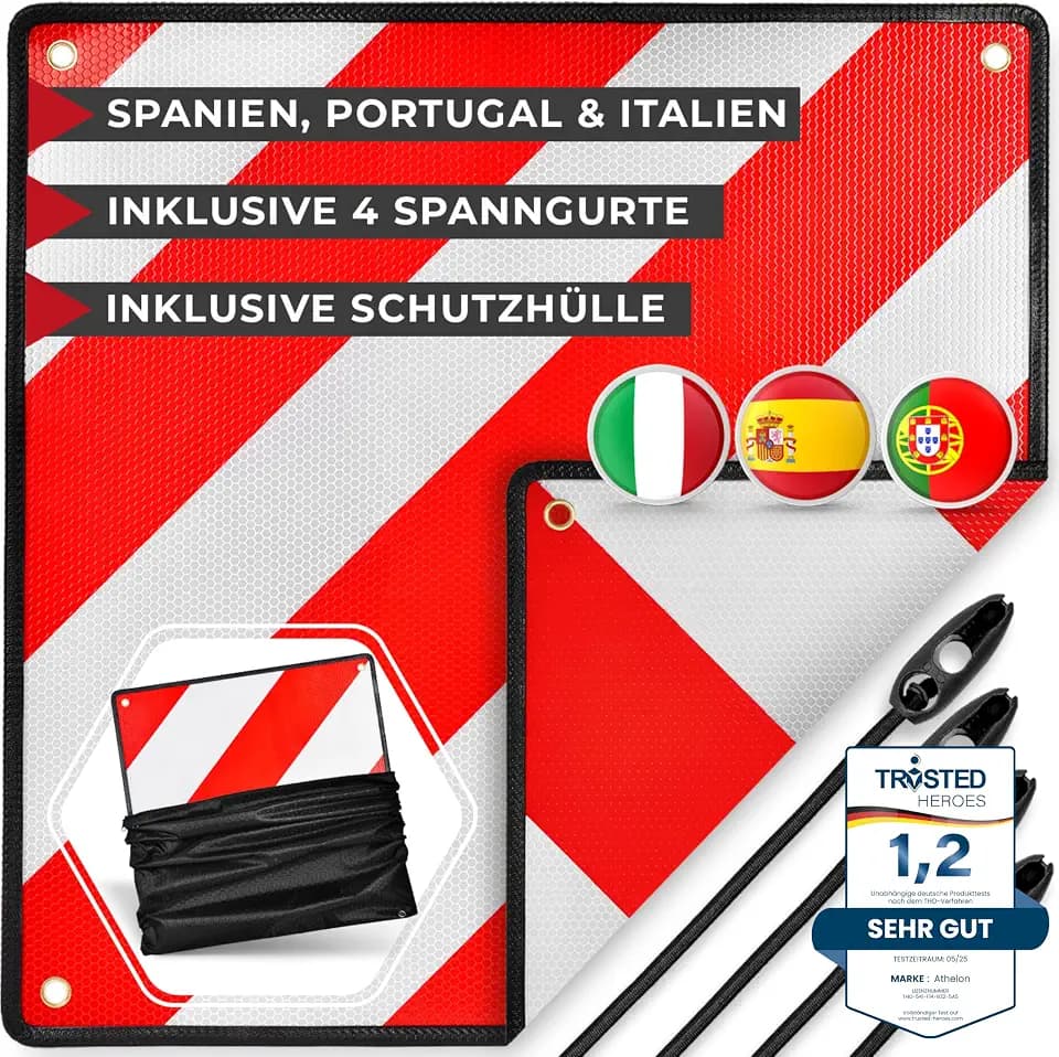 ATHELON® 3in1 Warntafel für Italien, Spanien & Portugal - Reflektierendes Warnschild inklusive 4x Spanngurte & Schutzhülle - Hochwertige Warntafel Italien für Fahrradträger & Wohnmobil