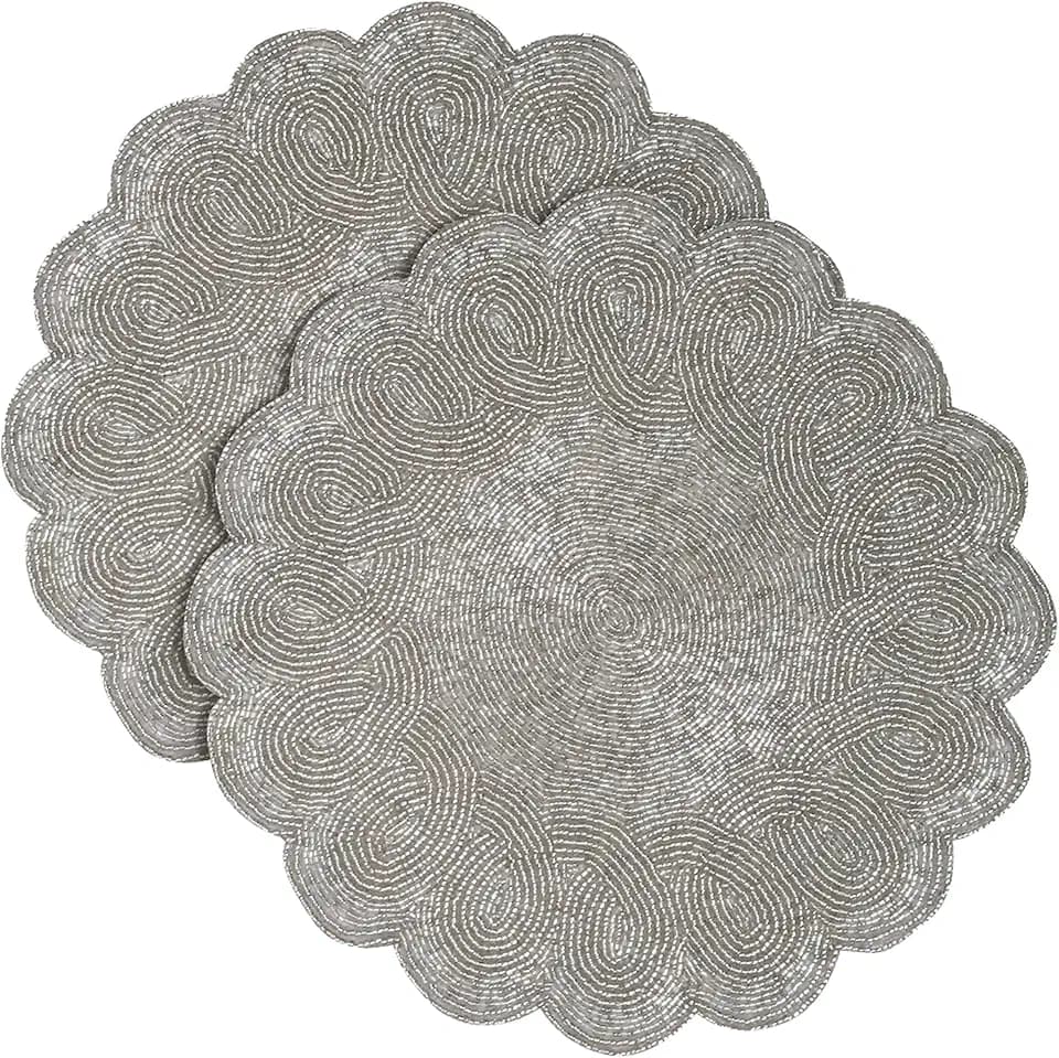 Lightnpro Handmade Beaded Placemats Set of 2 – 13 Inch Round Silver Scalloped Charger Mats | Handcrafted Artisan Table Accessories, Elegant Decorative Dining Table Décor for Weddings & Holidays
