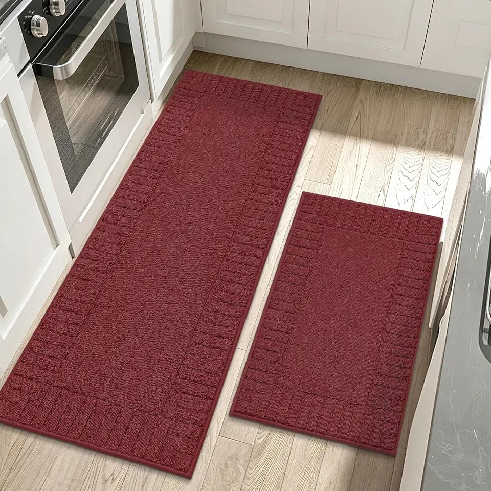 BEQHAUSE Kitchen Rugs Non Slip Washable 2PCS, 24"x35"+24"x60", Burgundy Red
