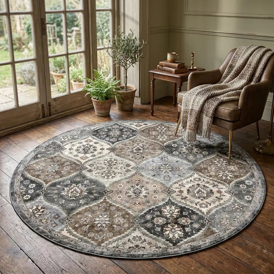 Garvee Vintage Trellis 5ft Round Rug Washable Living Room Rug Grey