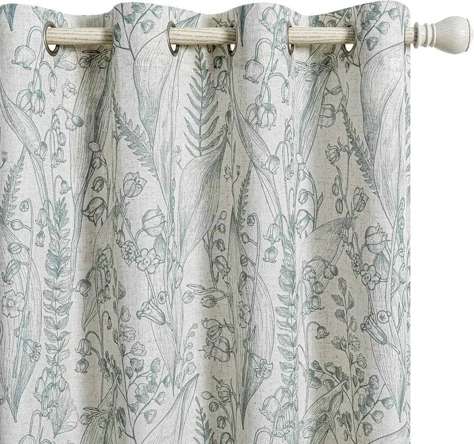 MEETSKY Floral Curtains 84 inch Long - Sage Green Curtains for Living Room Linen Textured Flowers Patterned Print Farmhouse Curtain Light Reducing Grommet Window Treatments, 52" Wide, 2 Panels Set