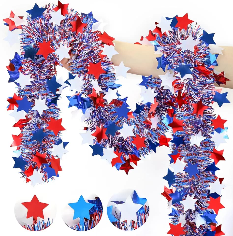 50FT Patriotic Tinsel Garland 4th of July Decorations, Fourth of July Red White and Blue Metallic Garland with Stars for July 4th Independence Day Memorial Day Home Indoor Outdoor Decor