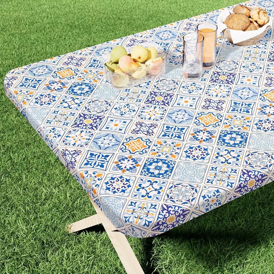 homing Rectangle Printed Fabric Tablecloth, Elastic Fitted Table Cloth for 6 Foot Tables, Washable Polyester Table Cover for Outdoor, Picnic, Camping and Indoor (Floor Tiles, 30" x 72")
