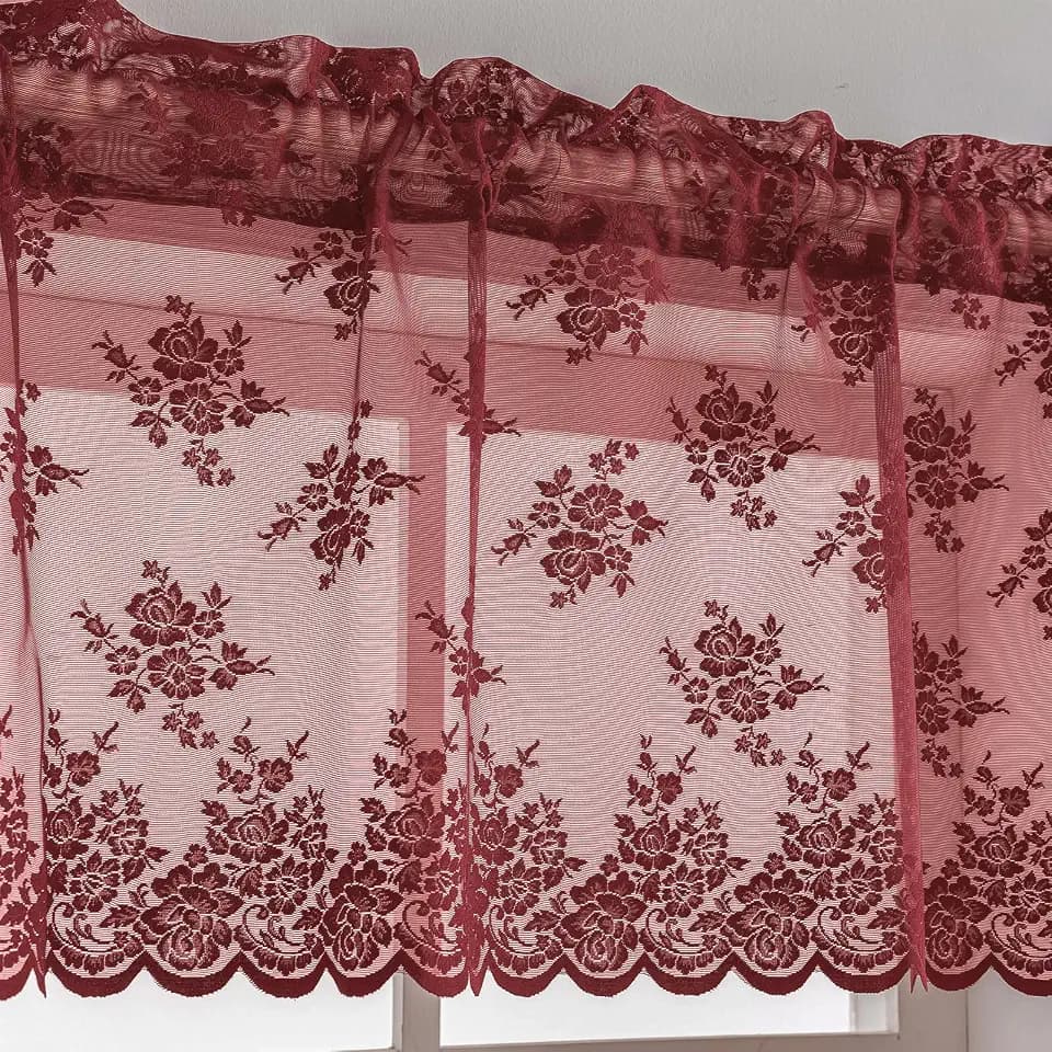Kotile Burgundy Lace Valance for Windows Rustic Floral W52xL18 Inch 1 Panel