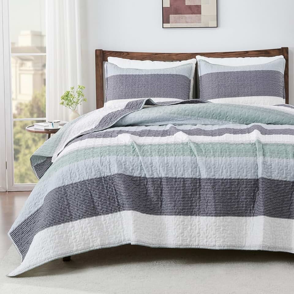 Andency Stripe Quilt Set Cal King, 3 Pcs Patchwork Bedspread Coverlet Set