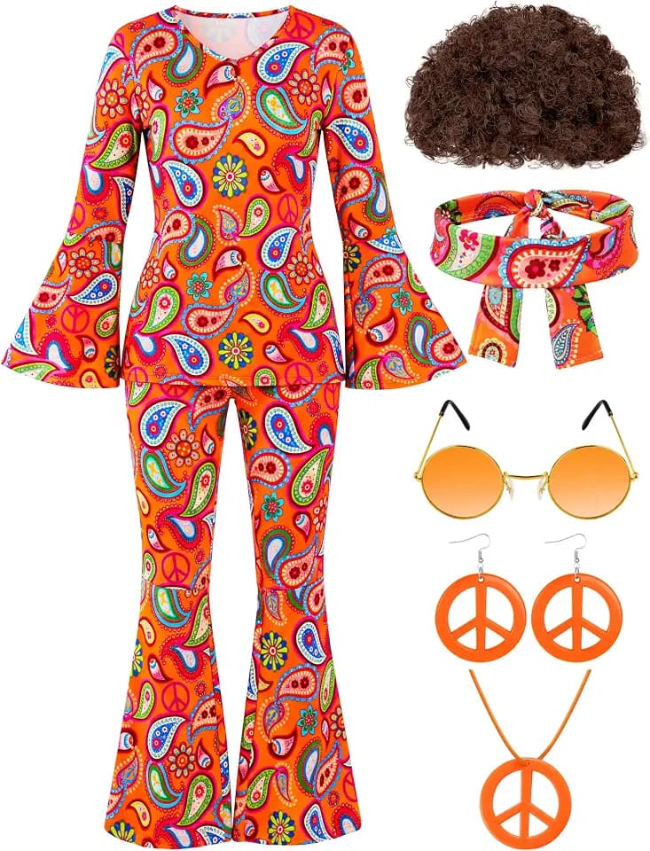 SOMSOC 7 Pack 70s Women Hippie Costume Set Boho Flared Pants Tie Dye Headband Necklace Earrings Wig for Halloween Cosplay