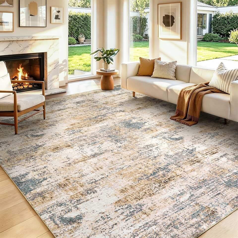 Washable Area Rug Living Room Rugs-8x10 Large Soft Non-Slip Carpet for Bedroom Dining Room Modern Abstract Neutral Low Pile Floor Rugs Stain Resistant Indoor Nursery Home Office,Brown Grey