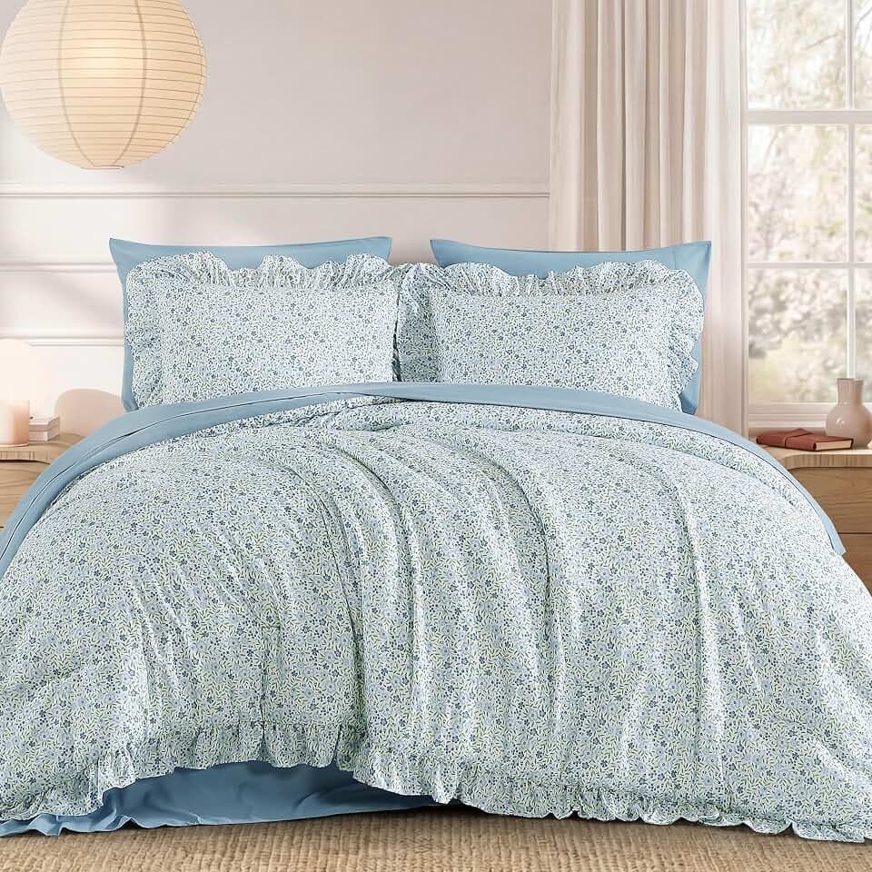 BLOOMHAVEN Queen Comforter Set-7 Pieces Floral Ruffle Bedding Set