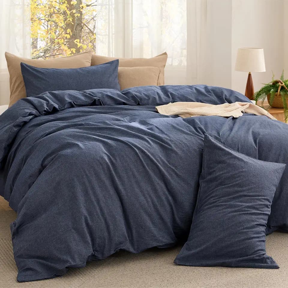Bedsure PureWoven Cotton Comforter Set Prewashed, Full, Denim Blue