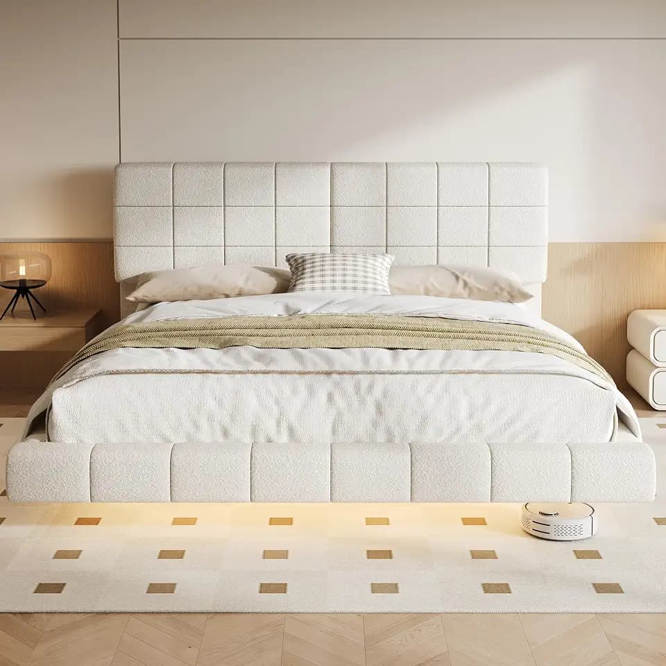 Christopher Knight Home Borden Floating Bed Frame Queen Size with Lights, Boucle Queen Size Platform Bed Frame with Headboard, Modern Floating Queen Bed Frame,No Box Spring Needed,Easy Assembly, White