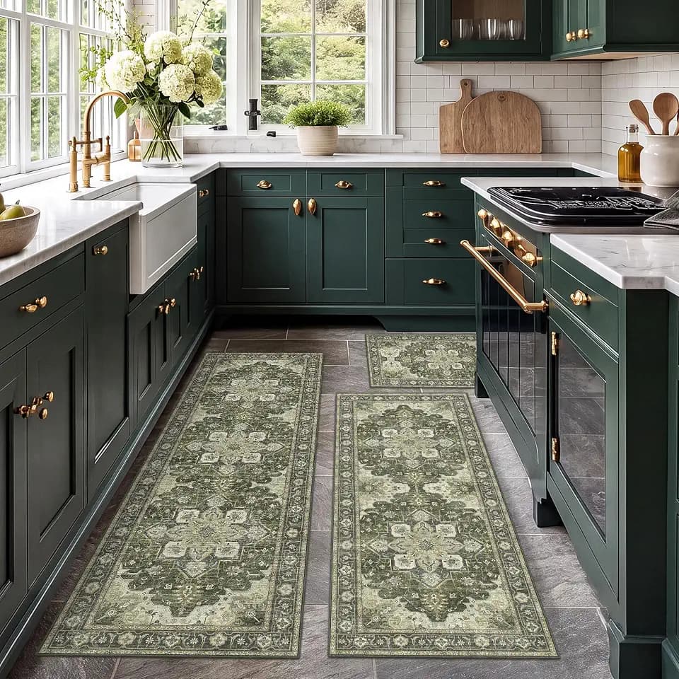 3 Piece Kitchen Rugs Sets with Runner, Washable Non Slip Soft Boho Kitchen Mats, Low Pile Stain Resistant Carpet for Hallway, Laundry Room, Entryway, Home Decor (20"x32"+20"x48"+20"x59", Olive Green)