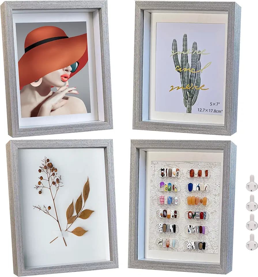 Wooden 5x7 Shadow Box Frame Grey Shadow Box Display Case Glass Surface Internal Depth 0.6 inch for Wall or Tabletop(Grey,4 Pack)