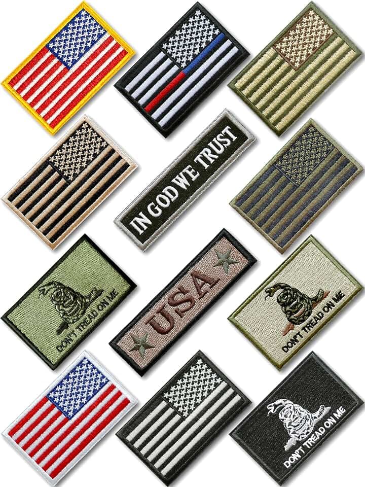 American US Flag Patches 12 Pcs, Funny Full Embroidery Hook & Loop Fastener Right Hand Sleeve Reverse Patches Tactical Morale Military Uniform Emblem Patches for Backpacks,Caps,Jackets,Army Gears
