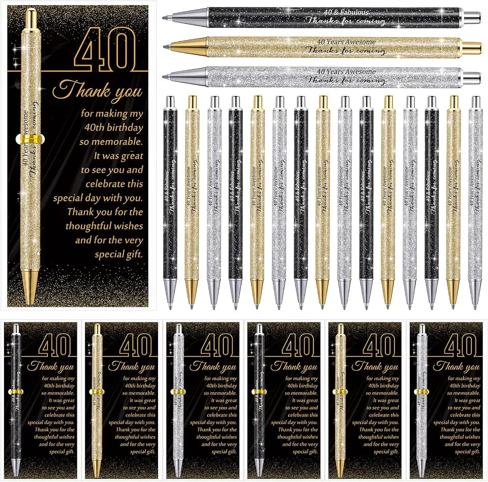 Feifeiya 24 Set 40th Birthday Party Favor for Guests Anniversary Appreciation Gifts Birthday Glitter Ballpoint Pen and Thank You Cards for Women Men Years Party Favor Decoration Supplies