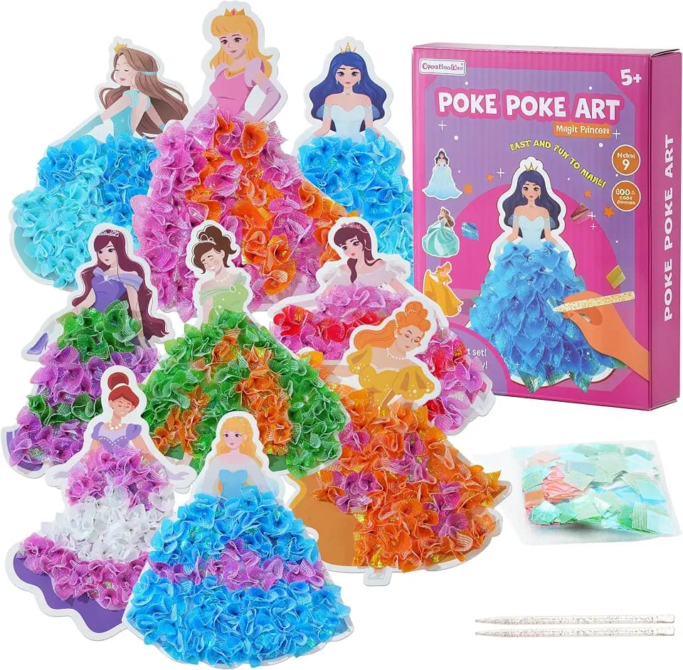 Poke Art Kit for Girls Ages 4-8 | Princess Theme DIY Craft Kit | Mess-Free Fabric Puncture Painting | Creative Activity Gift for 6-12 Year Old Girls | Birthday Party Art Set