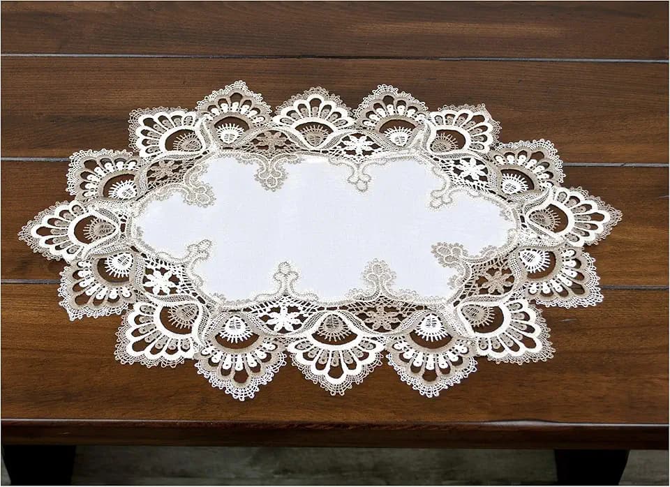 LINENS ART AND THINGS Lace Placemat Cocoa Earth Tone and White Jacquard European Peacock Dresser Scarf Doily (14Wx21L)