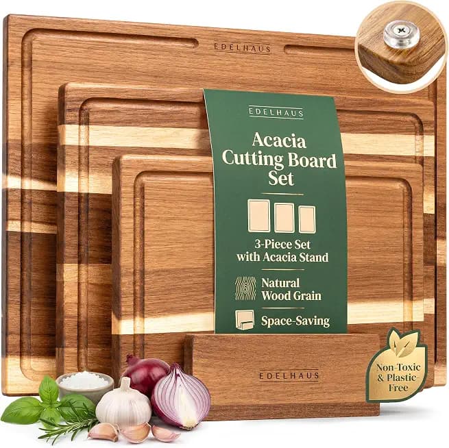 EDELHAUS Acacia Wood Cutting Boards for Kitchen Set of 3, Juice Groove