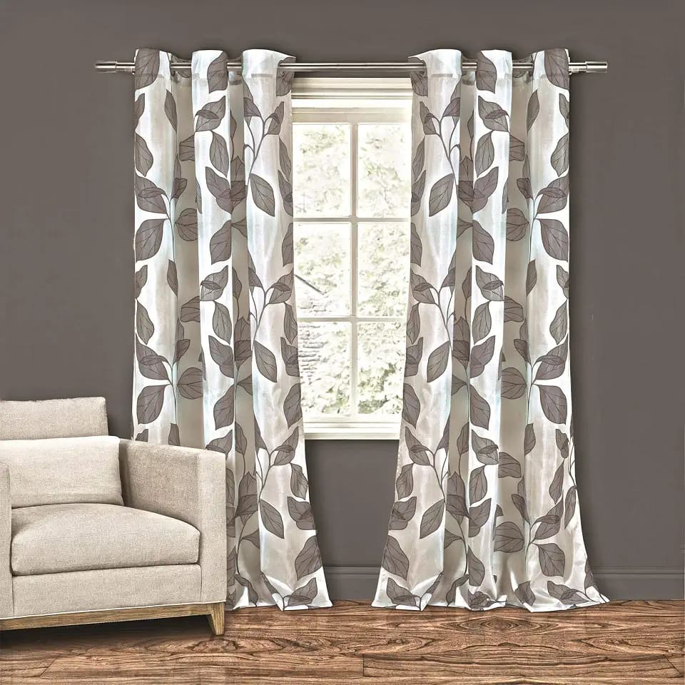 Home Maison Karine Leaf Print Faux Silk Curtain Set, Grey, 55x84