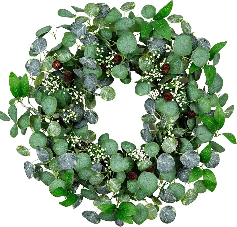 Summer Wreaths for Front Door, 24 in, Eucalyptus Leaf, White Berry