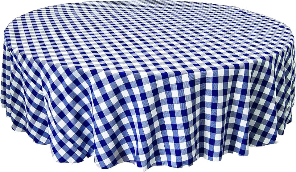 LA Linen TCcheck72R-RoyalK50 Polyester Gingham Checkered Tablecloth, White & Royal Blue - 72 in. Round