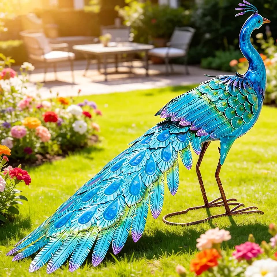 23" Metal Peacock Garden Statue, Handmade Yard Sculpture