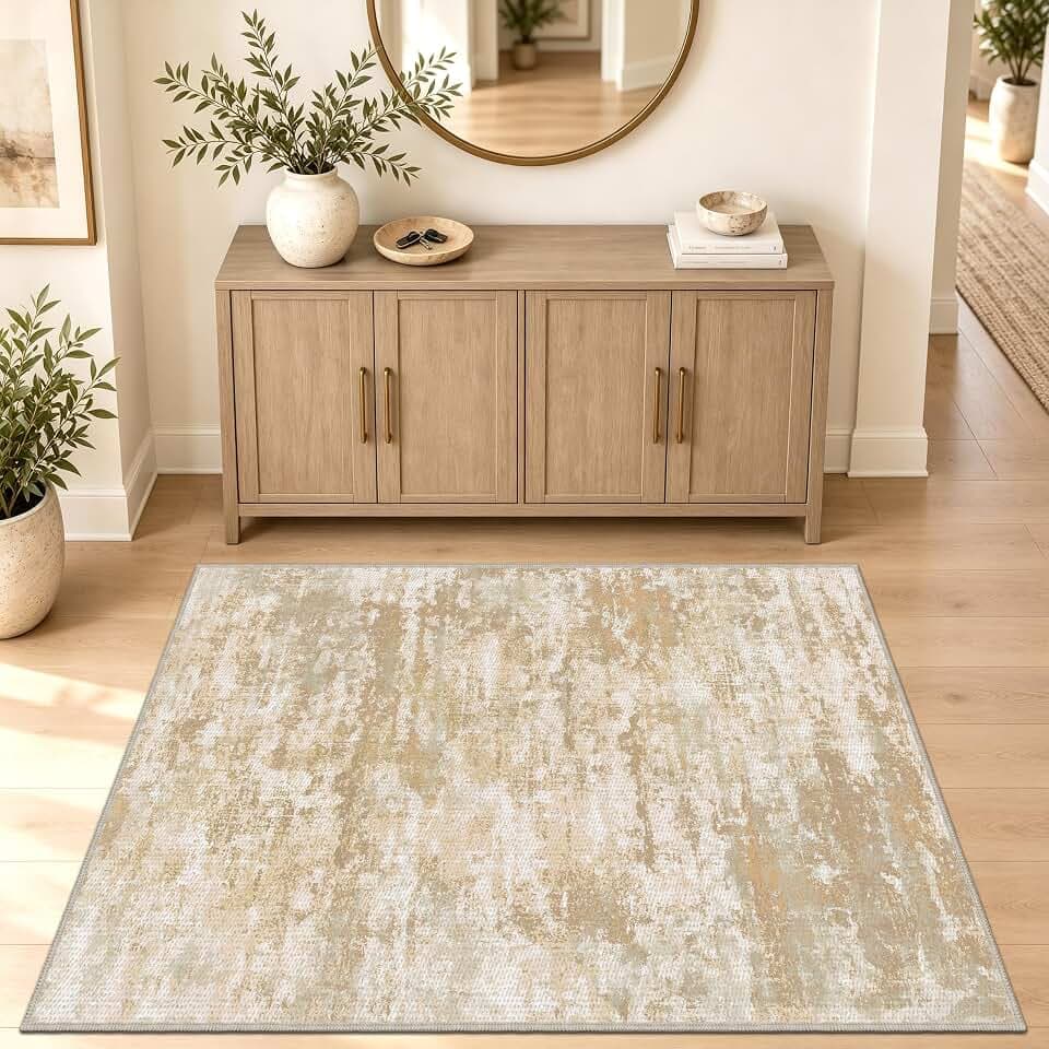 3x5 Area Rug Washable Entryway Rug Non Slip Abstract Tear and Stain Resistance No Pile Lightweight Throw Rugs Carpet for Kitchen, Entrance, Foyer, Bedside, Mudroom, Beige/Yellow