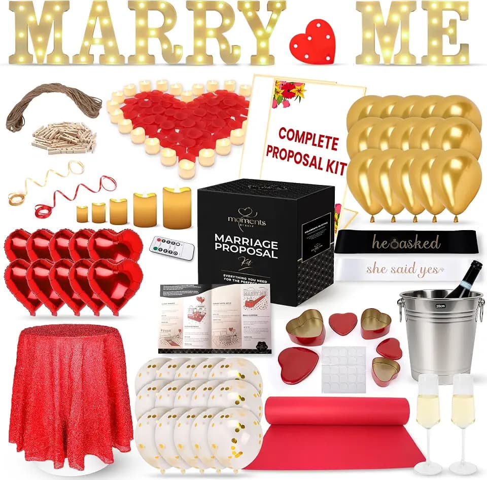 Marry Me Proposal Kit, Complete Engagement Decorations Set with LED Marquee Letters, Flameless Candles, Rose Petals, Red Carpet, Balloons & Champagne Setup