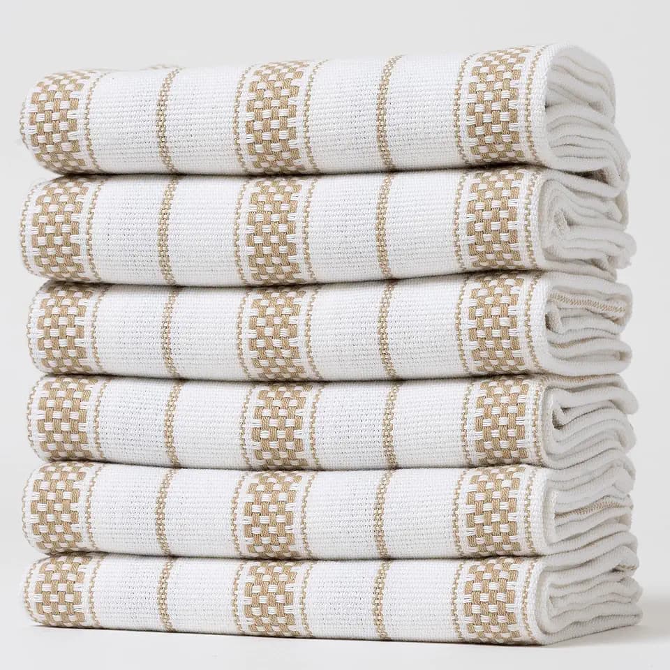 Kitchen Towels Set – Pack of 6 (20’’ x 30’’) Extra Large Premium Cotton Dish Towels for Kitchen – Chain Stripe Towels – Absorbent – 100% Cotton – with Hanging Loop – Beige