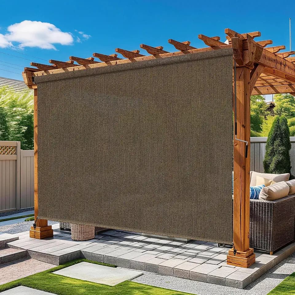 Vintage Mocha Outdoor Roller Shades 8' W x 8' H, Exterior Cordless Patio Shade Roll up-Down Blinds Spliced Design (Fixed 2 Poles, One-Full Piece Fabric Sunshade Screen)