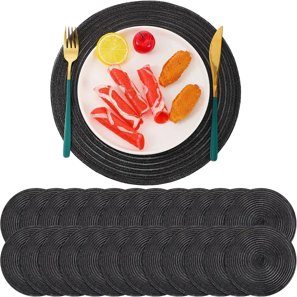 Buryeah 24 Pieces 13 Inch Christmas Round Placemats Circle Woven Place Mats Boho Decor Dining Table Mats Table Scape Hosting Friends for Wedding Birthday Dinner Parties (Black)