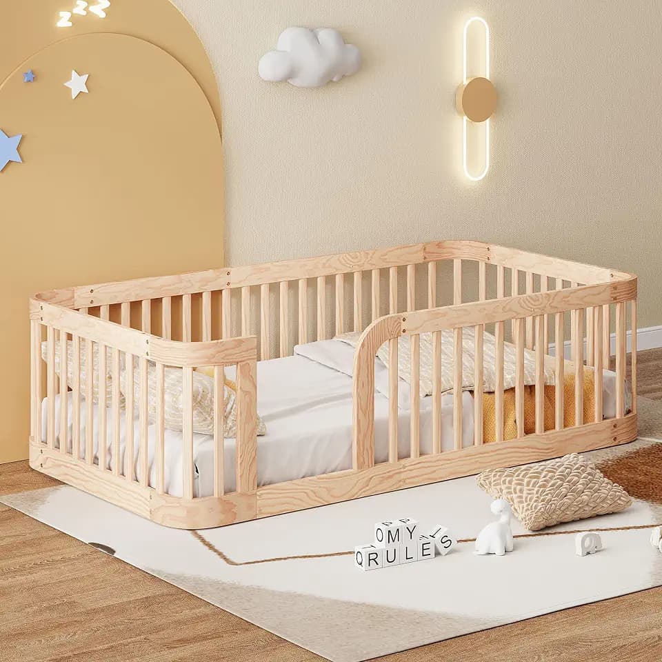 Bellemave Twin Floor Bed with High Fence and Rounded Corner Design, Twin Size Montessori Bed with Safety Guardrails, Easy Assemble Montessori Beds Frame for Girls, Boys, Natural