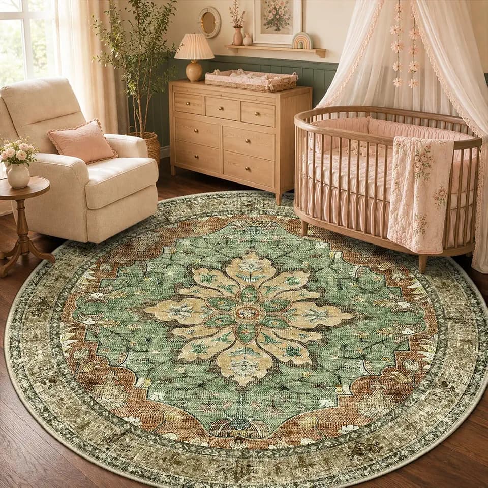 RELEANY Washable Area Rug, Round 5ft, Brick/Brown/Green
