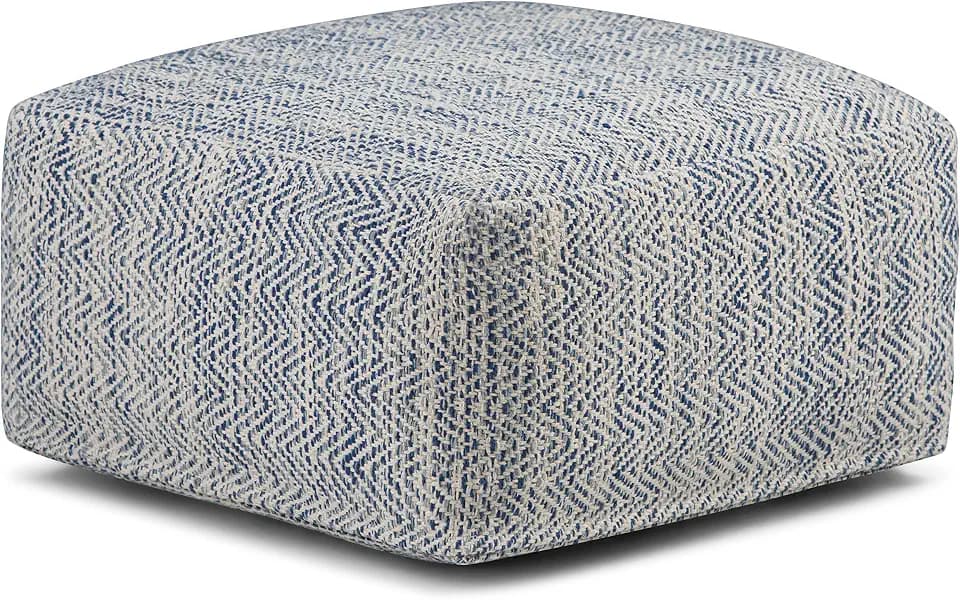 SIMPLIHOME Nate 20" Wide Square Pouf in Blue Handwoven Cotton