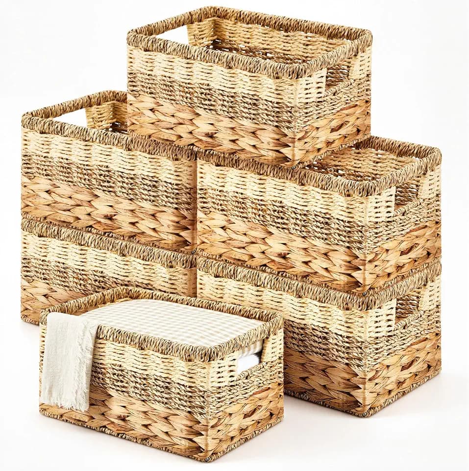 Suzile 6 Pack Wicker Storage Baskets, Water Hyacinth Seagrass, M